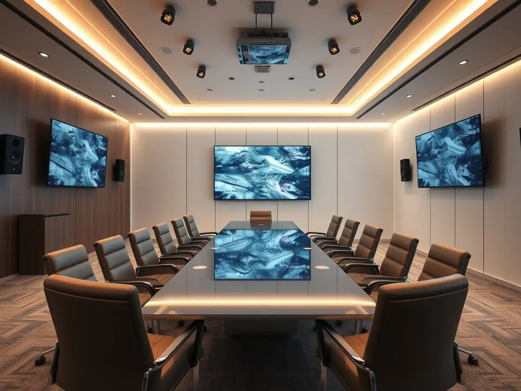 A modern conference setup with branded banners, seating arrangements, and audiovisual equipment, representing House of Price's corporate event planning.