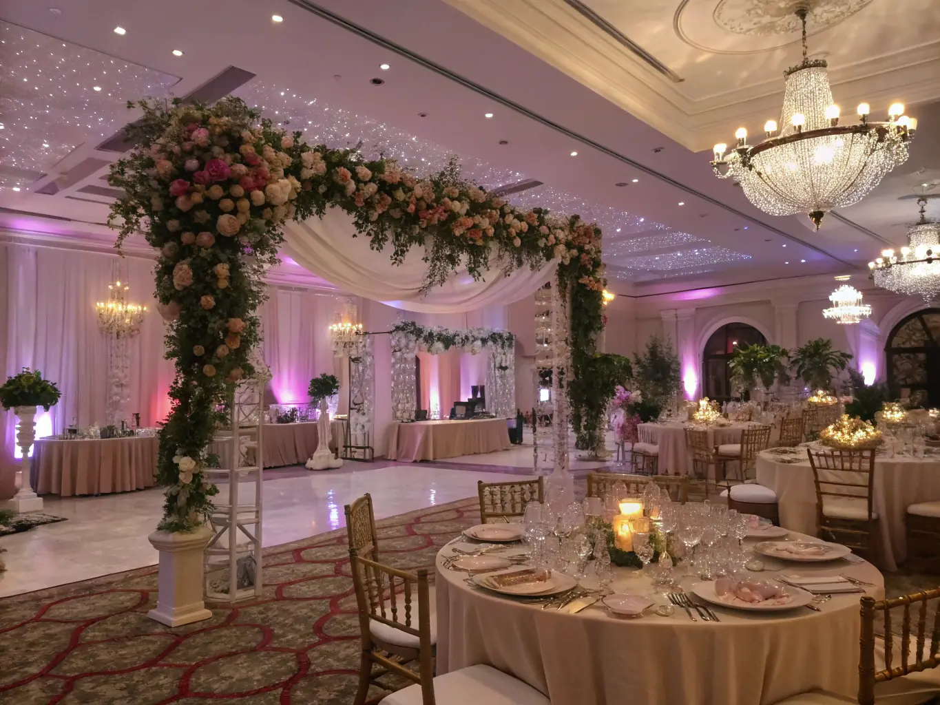A beautifully decorated wedding reception with elegant floral arrangements and ambient lighting, showcasing House of Price's wedding planning service.