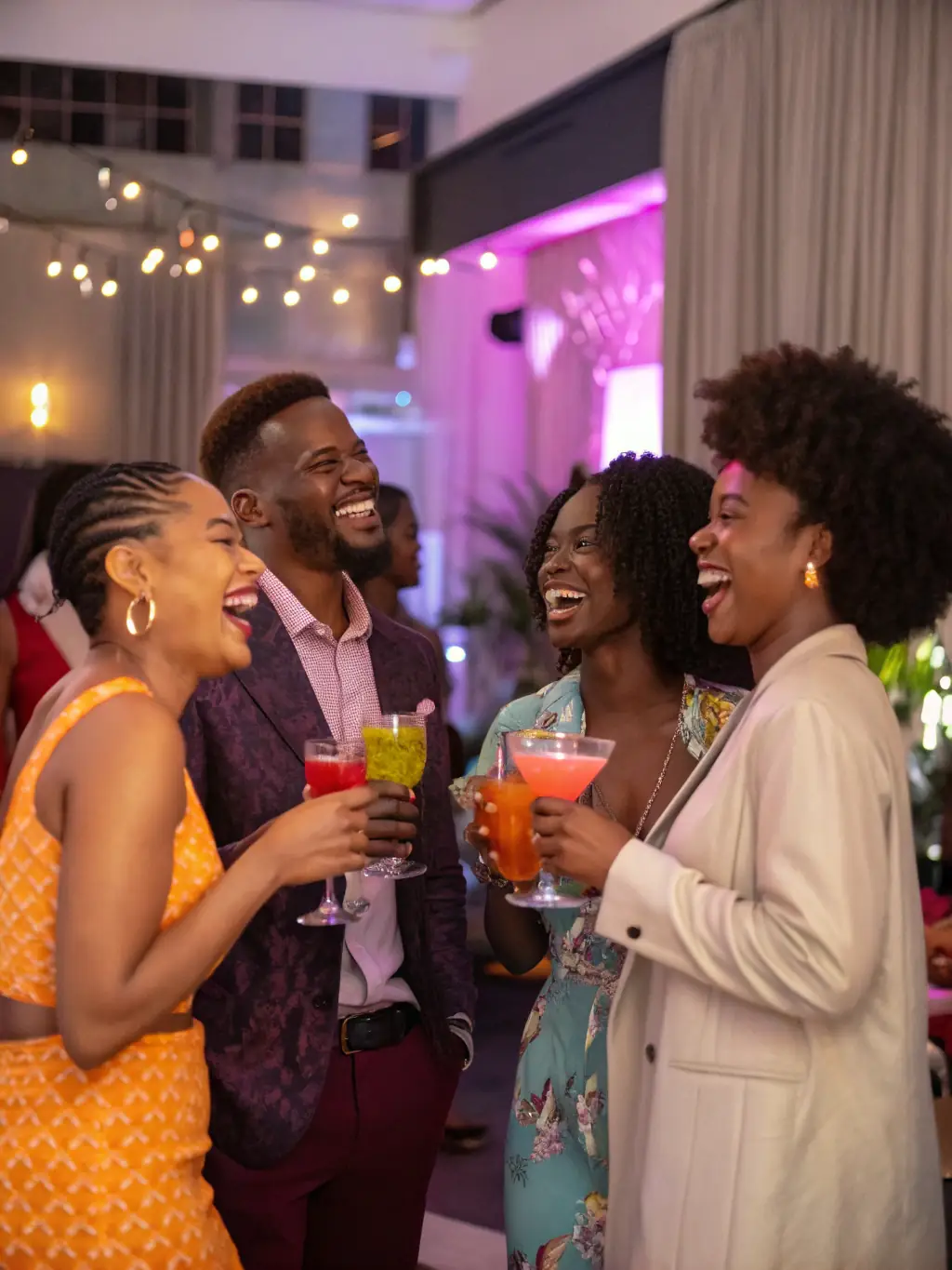 A diverse group of people laughing and enjoying themselves at a well-planned and decorated party, showcasing House of Price's commitment to creating fun and engaging experiences.