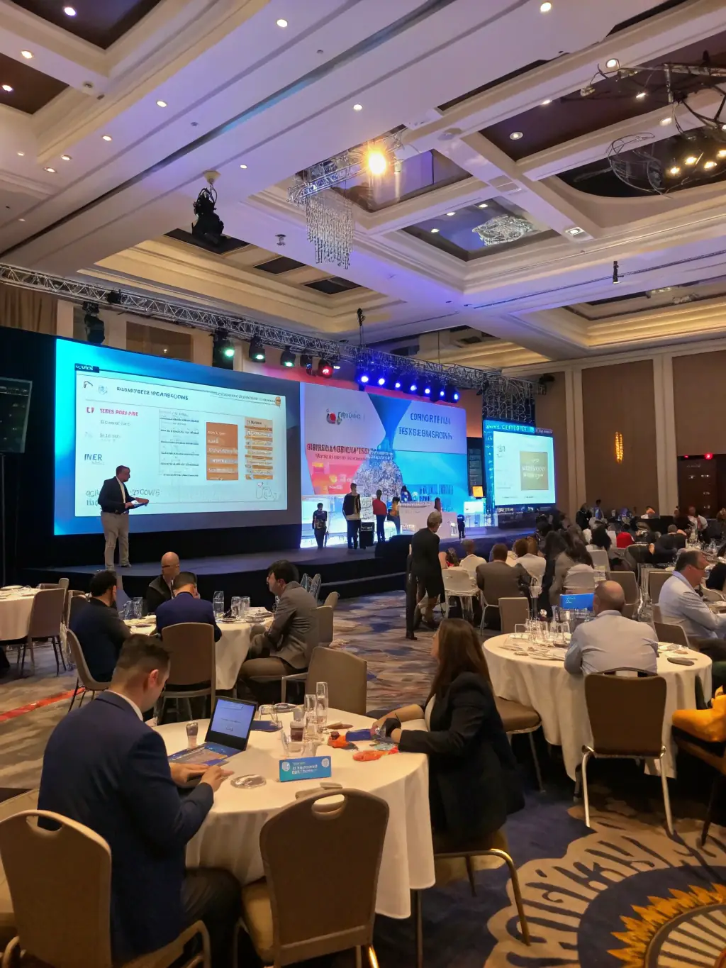 A modern corporate event setup with sleek décor, professional stage lighting, and branded elements, showcasing House of Price's expertise in corporate event planning.